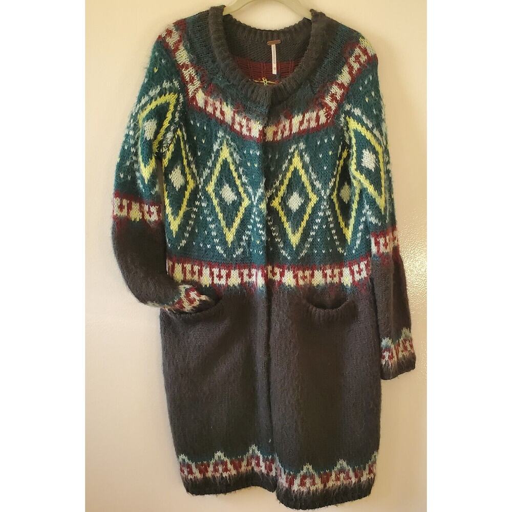 Free People Womens S Green Fair Isle Long Mohair Blend Snap Cardigan Cozy Boho